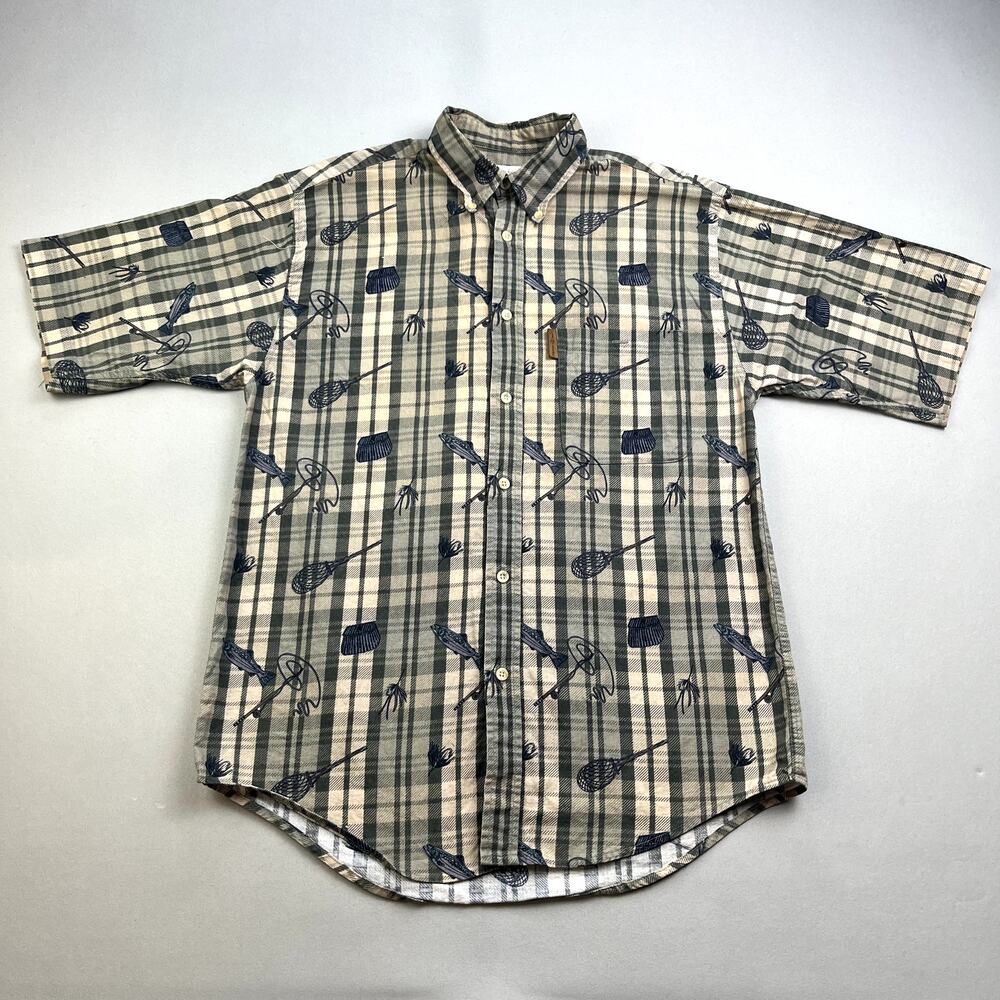 Fishing Button Up Shirt Adult Small Tan Green Plaid All Over Print Rod Tackle